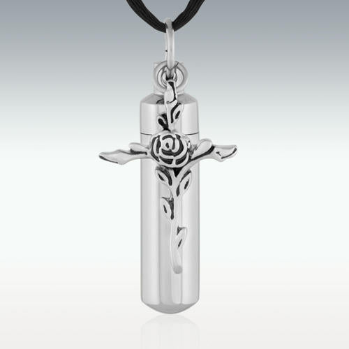 Rose and Cross Cylinder Stainless Steel Cremation Jewelry - HeroinSupport.org